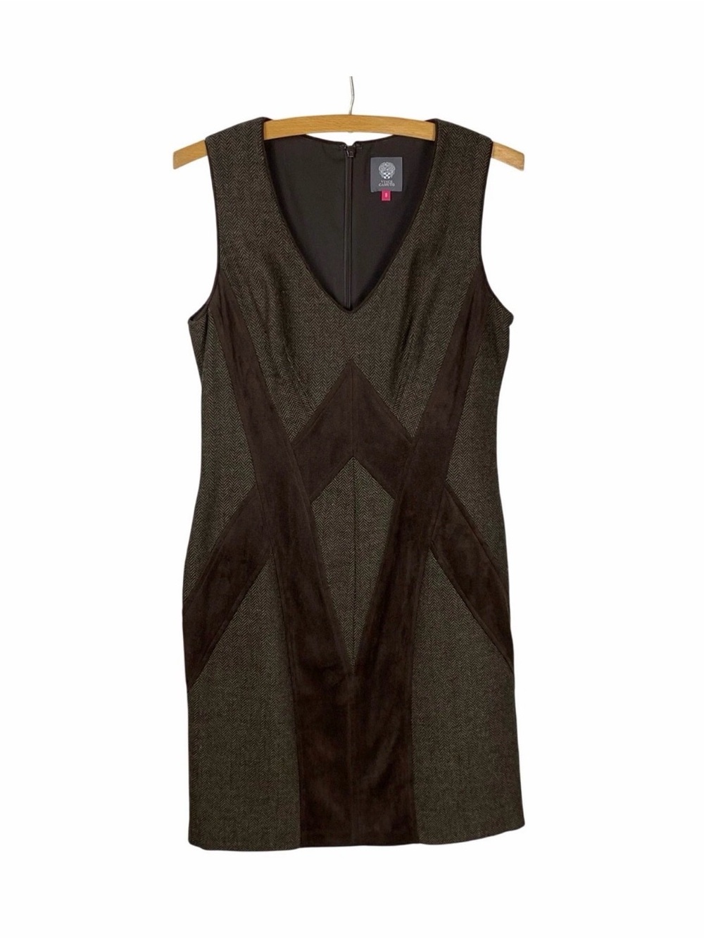 Sleeveless V-Neck Tweed and Suede Brown Sheath Dress by Vince Camuto
